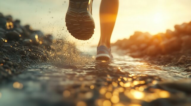 Dynamic Morning Run Along Seaside Trail with Focus on Runner Legs and Vibrant Sunrise Energy - Powered by Adobe
