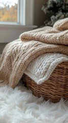 Stacked Knitted Blankets In Basket On Rug