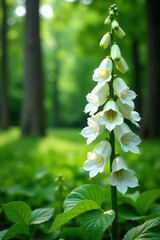 White foxglove flowers against a lush green forest background, white, trees, natural