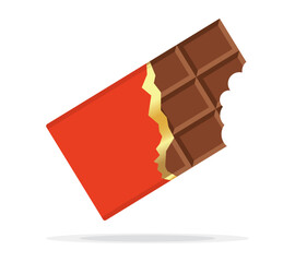 Bitten chocolate bar in opened red wrap and golden foil isolated on white background, dessert, vector illustration in flat style. Chocolate bar on white background. Milk chocolate bar.