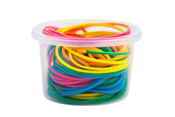Colorful assortment of rubber bands in a clear container for creative organizational purposes isolated on transparent background