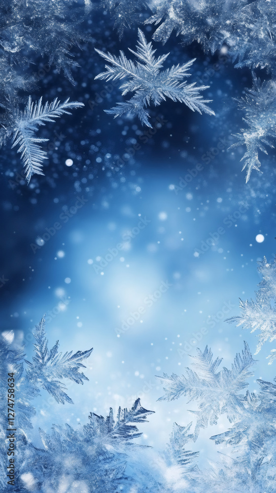 Leinwandbilder delicate frost patterns spreading across windowpane, soft blue glow illuminating falling snowflakes 