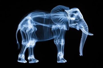 X-ray Elephant: An artistic, digitally rendered X-ray image of a majestic elephant, showcasing its skeletal structure and internal anatomy in striking detail against a solid backdrop.