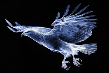 Soaring Silhouette: An majestic eagle rendered in a unique X-ray style, wings spread wide as it glides through the air, its form stark against the darkness.