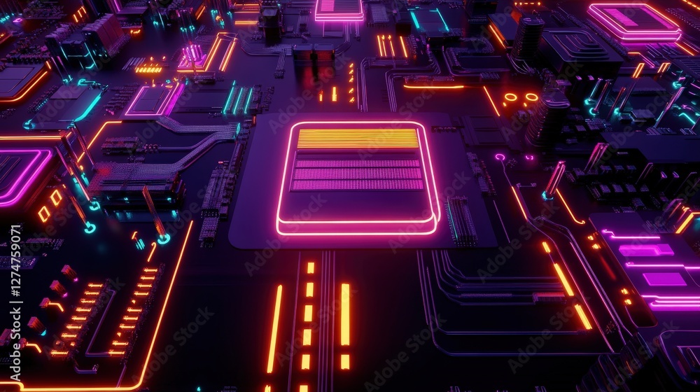 Poster a vibrant digital circuit board with glowing neon elements. the intricate design showcases the integ