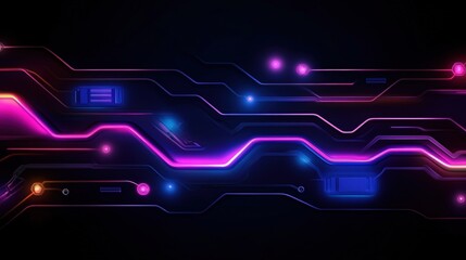 A vibrant digital circuit board design featuring glowing neon lines in pink and blue colors against a dark background, symbolizing innovation and modern technology.