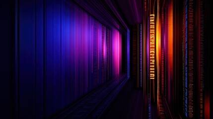 A vibrant digital corridor illuminated with striking purple, pink, and orange lights, creating a futuristic and abstract atmosphere