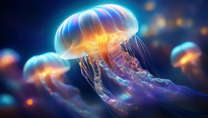 Obraz premium Vibrant Glowing Jellyfish in Deep Ocean