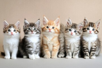 Five Kittens Sit Together, Displaying Curiosity and Playfulness. Fluffy Friends, Adorable Paws.