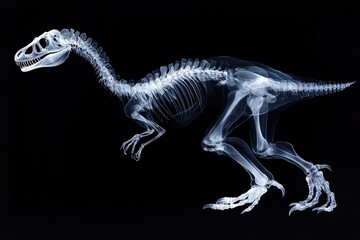Fototapeta premium Dinosaur's Bone Anatomy: A stark image revealing the skeletal structure of a dinosaur, captured with X-ray technique, showcasing intricate bone details and providing a glimpse into prehistoric life.