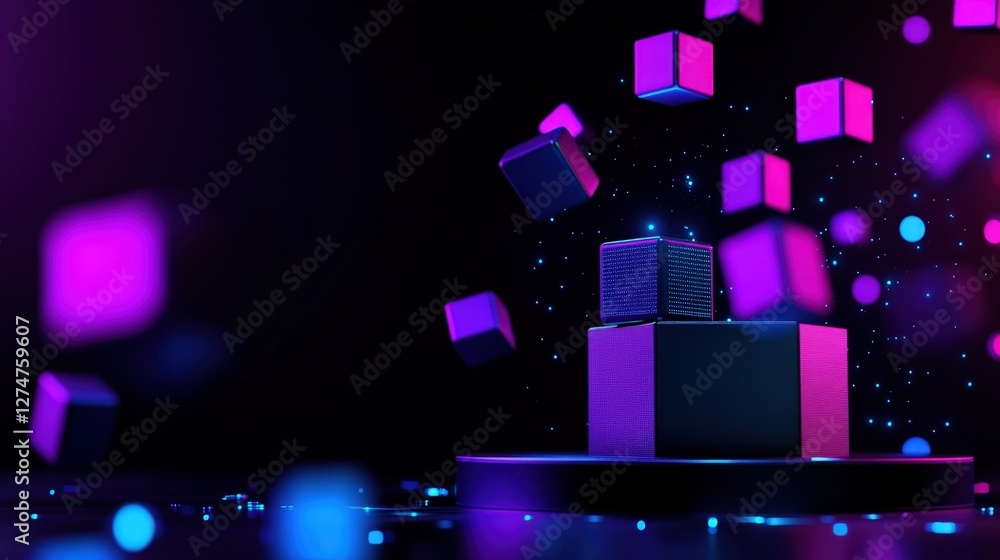 Aufkleber a vibrant display of floating geometric shapes glowing in neon colors. the interplay of light create
