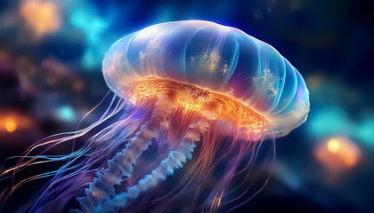 Fototapeta premium Mesmerizing Glowing Jellyfish in Deep Ocean - Bioluminescent Marine Life