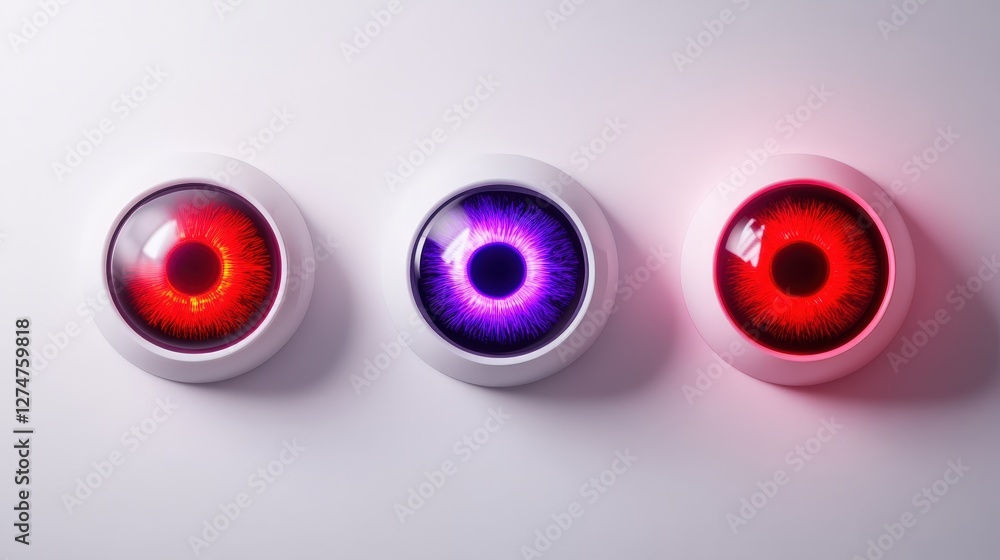 Poster a vibrant display of three futuristic smart devices with led indicators, showcasing distinct colors