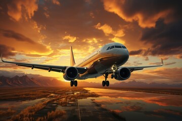 Obraz premium An airplane taking off against a sunset sky