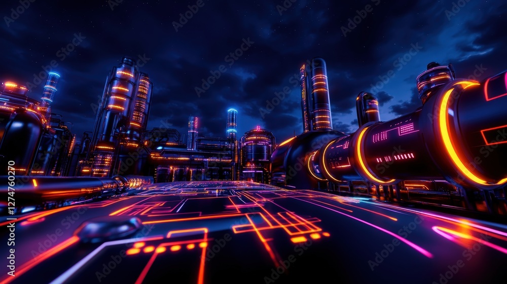 Poster a vibrant futuristic cityscape illuminated with neon lights. the high-tech environment showcases adv