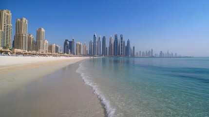 Fototapeta premium Beach Meets City: Coastal View with Modern Architecture and Summer Vacation Vibes.
