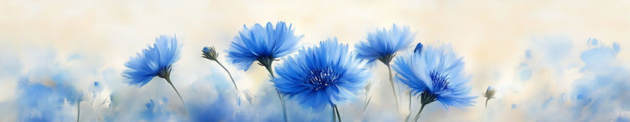 Obraz premium Blue flowers in soft light with a bokeh banner background for copy space