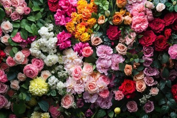Colorful Flower Wall Decorates with Beautiful Floral Arrangement, Spring Season Concept