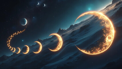 Lunar Crescent Line of Many Moon Rotation