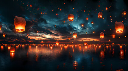 Enchanting night sky with floating lanterns at sunset a degree panorama. Enchanted Floating Lanterns. Illustration