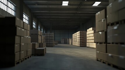 Large warehouse interior with cardboard boxes stacked on metal shelves in rows