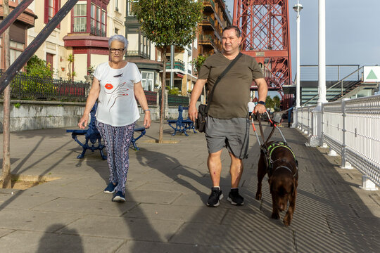 Blind man with Guide Dog Near Urban Landmark on Sunny Day