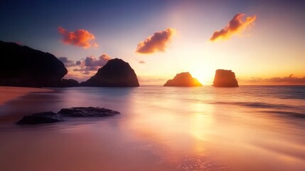 A stunning sunset over a tropical beach with rocky cliffs and a calm, serene ocean.