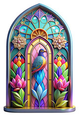 Pop Art Stained Glass Window with Iridescent Bird and Whimsical Flowers in Vibrant Pink, Blue, Yellow, and Orange