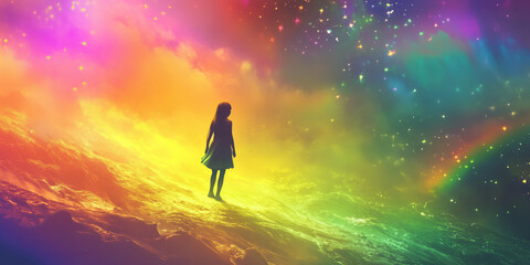 Obraz premium Child standing in rainbow colored imaginary world. ASD, autism spectrum disorder, Asperger's syndrome awareness concept