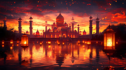 Obraz premium Fantasy palace with minarets against a fiery sky, reflected on water with floating lanterns. Enchanted Floating Lanterns. Illustration