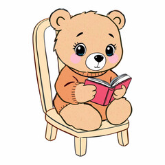 Illustration of a bear reading a book while sitting in a chair, ideal for cozy home decor, children’s stories, or educational content about animals and leisure activities.