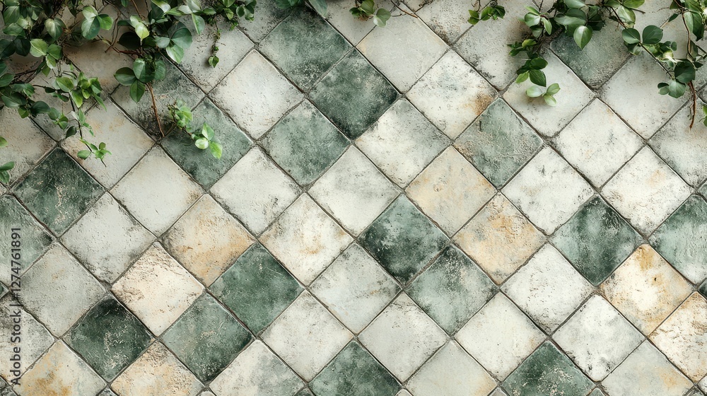 Aufkleber rustic tiled wall with greenery featuring worn textures and diagonal pattern