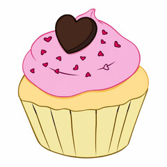 Illustration of a cupcake with pink cream and a chocolate heart-shaped topping, perfect for dessert menus, party invitations, or sweet treat-themed designs.