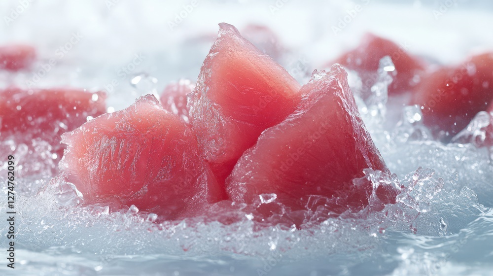 Poster fresh pink tuna chunks splashing in clear water, creating dynamic ripples and droplets