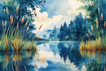 Serene Lake View with Reeds and Reflections in Watercolor Vector Design