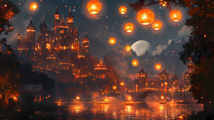 Fototapeta premium Moonlit palace with glowing lights and floating lanterns in an enchanting illustration. Enchanted Floating Lanterns. Illustration