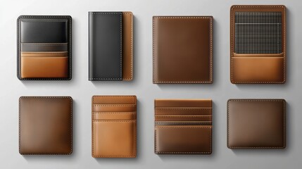 Fototapeta premium Collection of eight stylish leather wallet designs in various brown and black shades