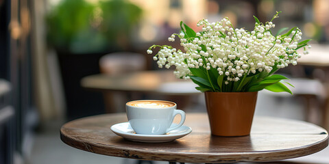 Bunch of lily of the valley and cup of fresh hot coffee on a table of French street cafe.