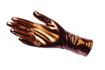 A striking golden glove extends gracefully in a soft-lit setting, showcasing elegance and style isolated on transparent background