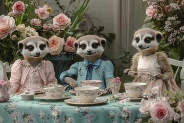 fashionable meerkats having a garden tea party, wearing victorian-era dresses and suits, pastel...