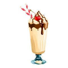 Illustration of a chocolate-flavored milkshake in a tall glass with whipped cream on top, perfect for dessert menus, café promotions, or sweet treat advertisements.