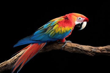 Obraz premium Perched parrot with red, yellow, green and blue feathers