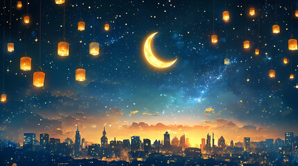 Starry night sky with crescent moon over cityscape and floating lanterns. Enchanted Floating Lanterns. Illustration