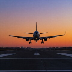 airplane landing at sunset