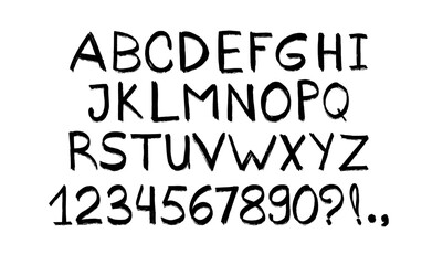 Crayon kids font, doodle funny playful alphabet, hand drawn black letters and numbers. School wax crayon abc for educational banners, school, kindergarten. Vector cartoon children illustration