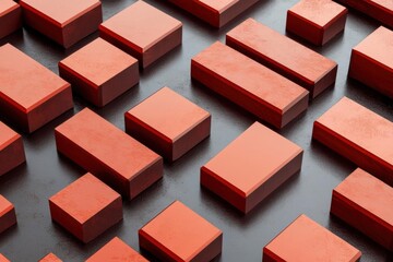 Red Blocks Arranged Geometrically on Dark Surface, Minimalist Composition and Modern Design Concept.