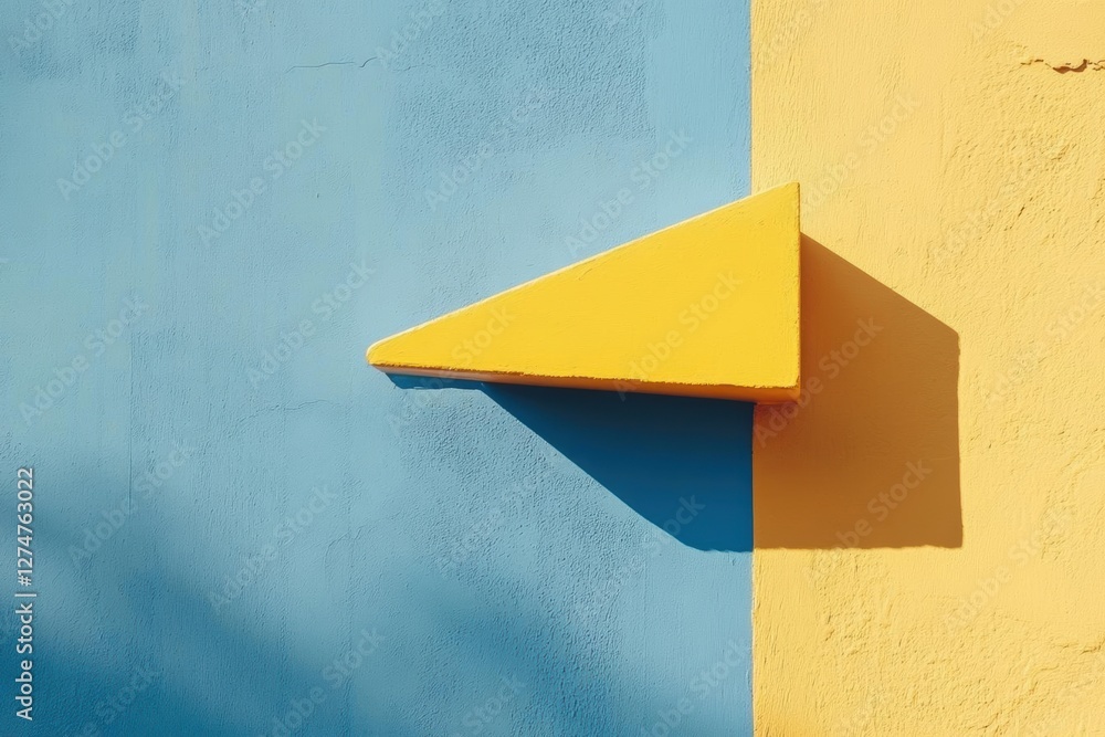 Poster yellow triangular structure juts out from blue and yellow wall, creating intriguing shadows. archite
