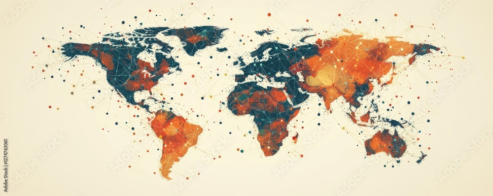 Poster abstract geometric world map with network connections and polygonal shapes