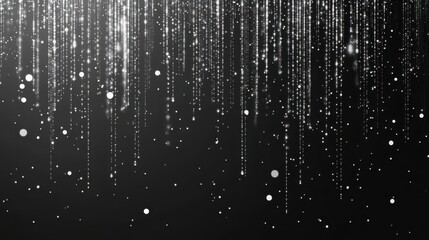 Sparkling silver glitter strands hanging on a black background with falling particles