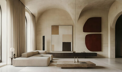 Modern Beige Living Room with Arch Windows